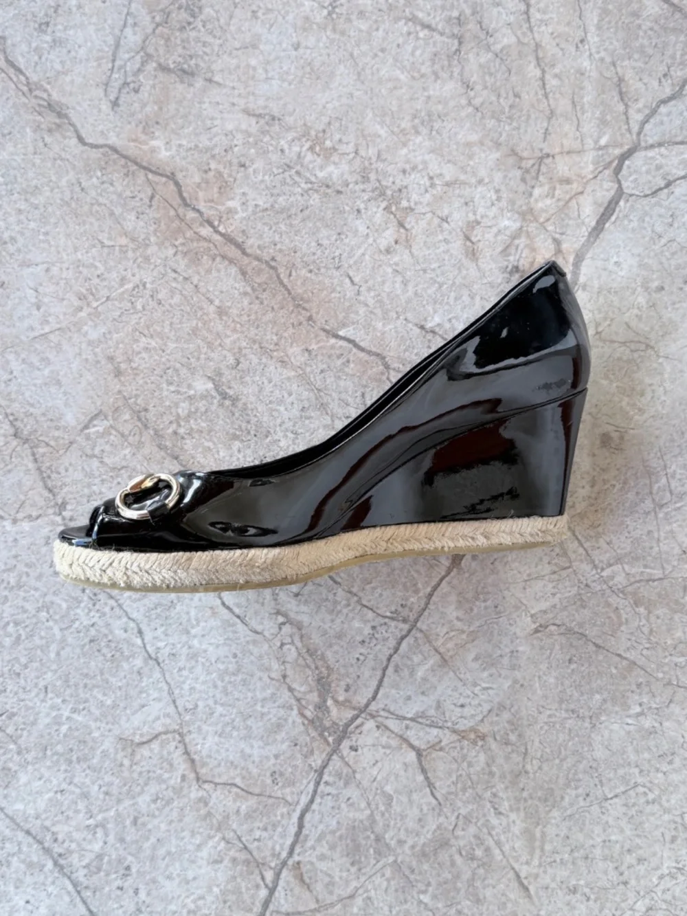 Gucci Black Patent Leather Horsebit Espadrille Peep Toe Wedge Pumps